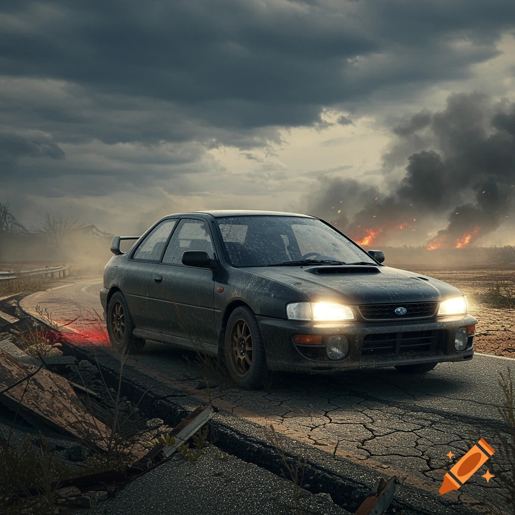 A matte black 1998 Subaru Impreza drives on a cracked road in a desolate, apocalyptic landscape with fires and smoke under a dark, cloudy sky.