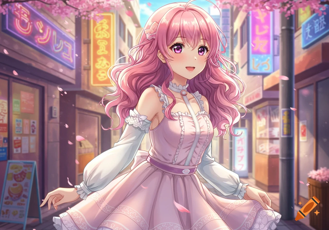 An anime girl with pink hair and purple eyes smiles in a pink dress on a city street with cherry blossoms falling.