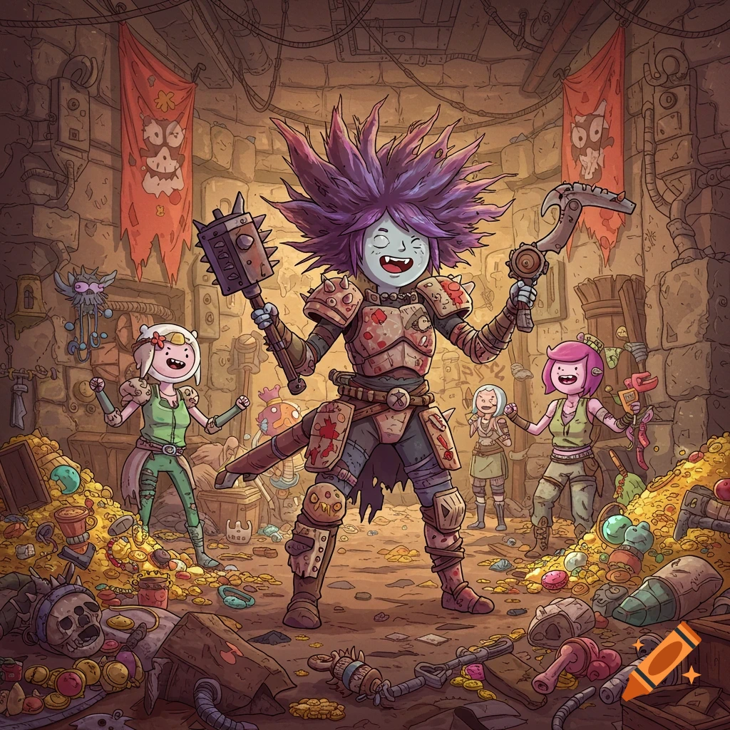 A purple-haired raider girl in battle armor holds a mace and scythe, laughing in a treasure-filled dungeon with her friends, in the style of Adventure Time.