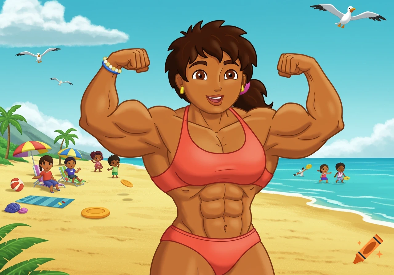 Cartoon of Diego's Mami, a muscular woman in a bikini, flexing on a sunny beach with other children and seagulls.