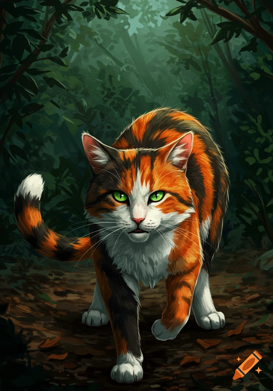 A calico cat with green eyes stares forward in a lush, dark forest, depicted in a graphic novel style.