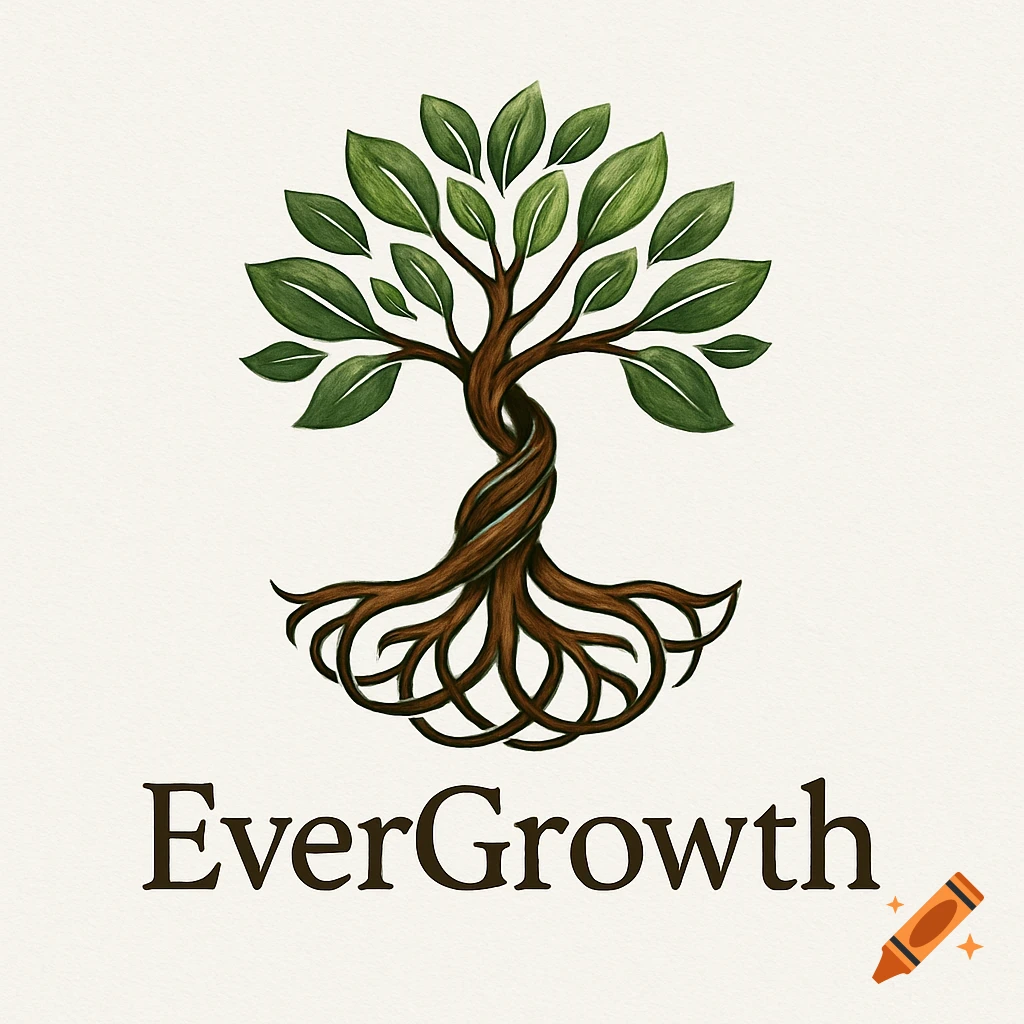 A stylized logo of a tree with intertwined trunk and roots, green leaves, and the word 'EverGrowth' below it on a cream background.