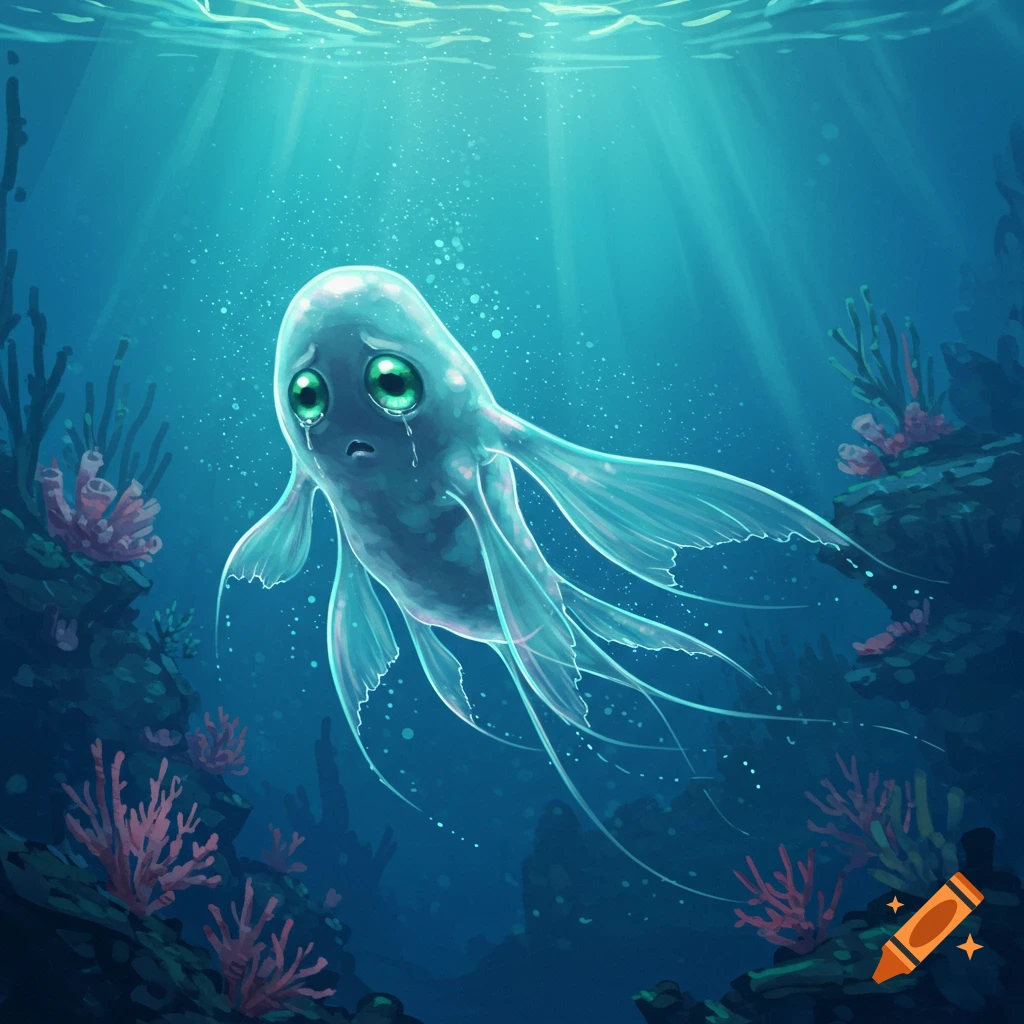 A sad, translucent amoeba-like creature with large green eyes and flowing fins swims in a blue underwater scene with coral and light rays.