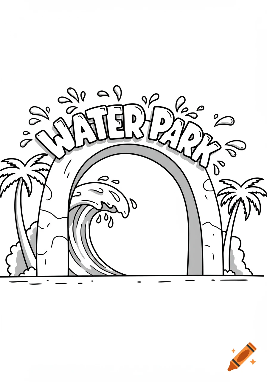 Black and white cartoon illustration of a water park entrance archway with palm trees and a wave, with 'WATER PARK' written above.
