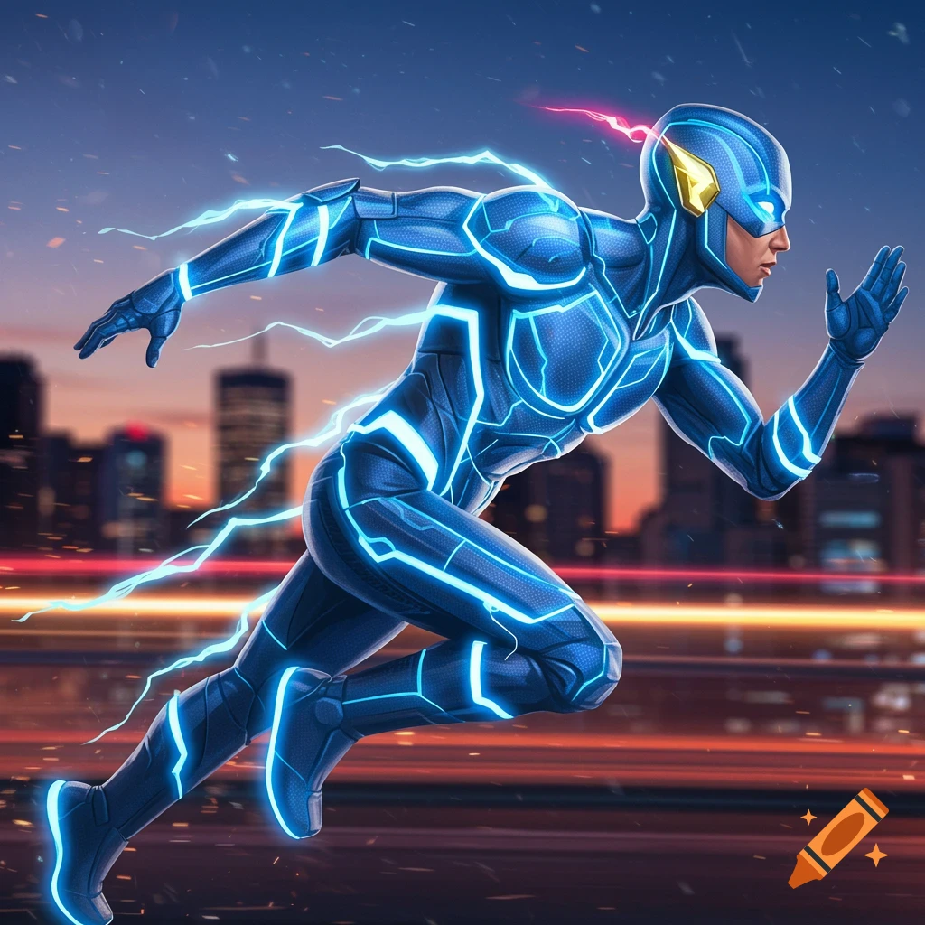 A superhero in a blue glowing suit runs at super speed, leaving streaks of blue lightning in a city at dusk.