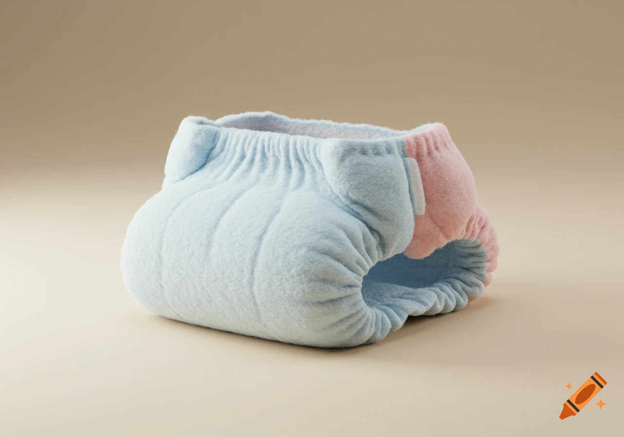 A light blue and pink baby diaper, appearing soft and fluffy on a plain beige background.