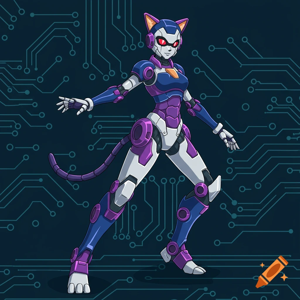 An anime-style robot cat girl with blue, purple, and white armor stands against a circuit board background.