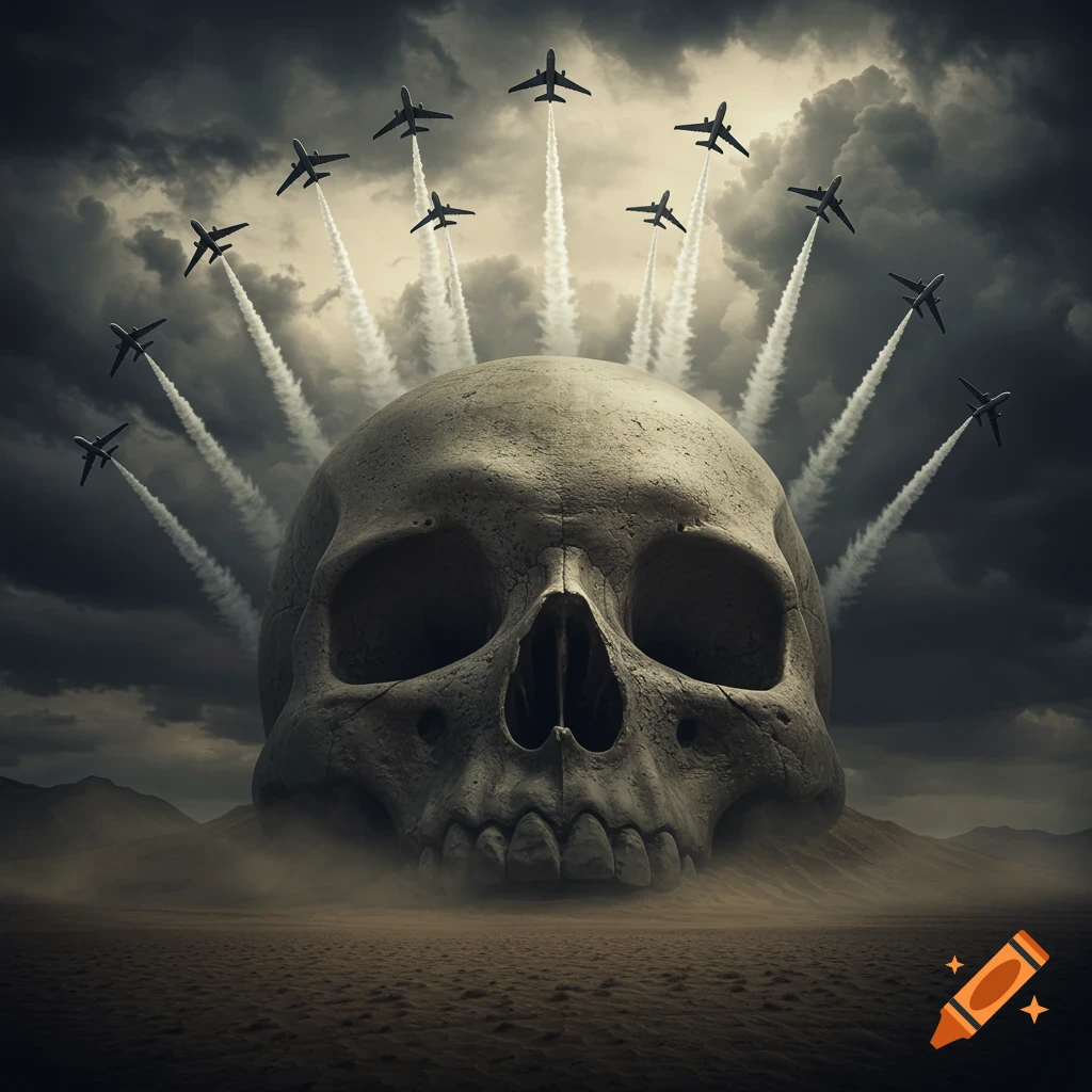 A giant weathered skull rises from a dusty desert, with multiple jetliners flying above it, leaving long contrails against a stormy, dark sky.