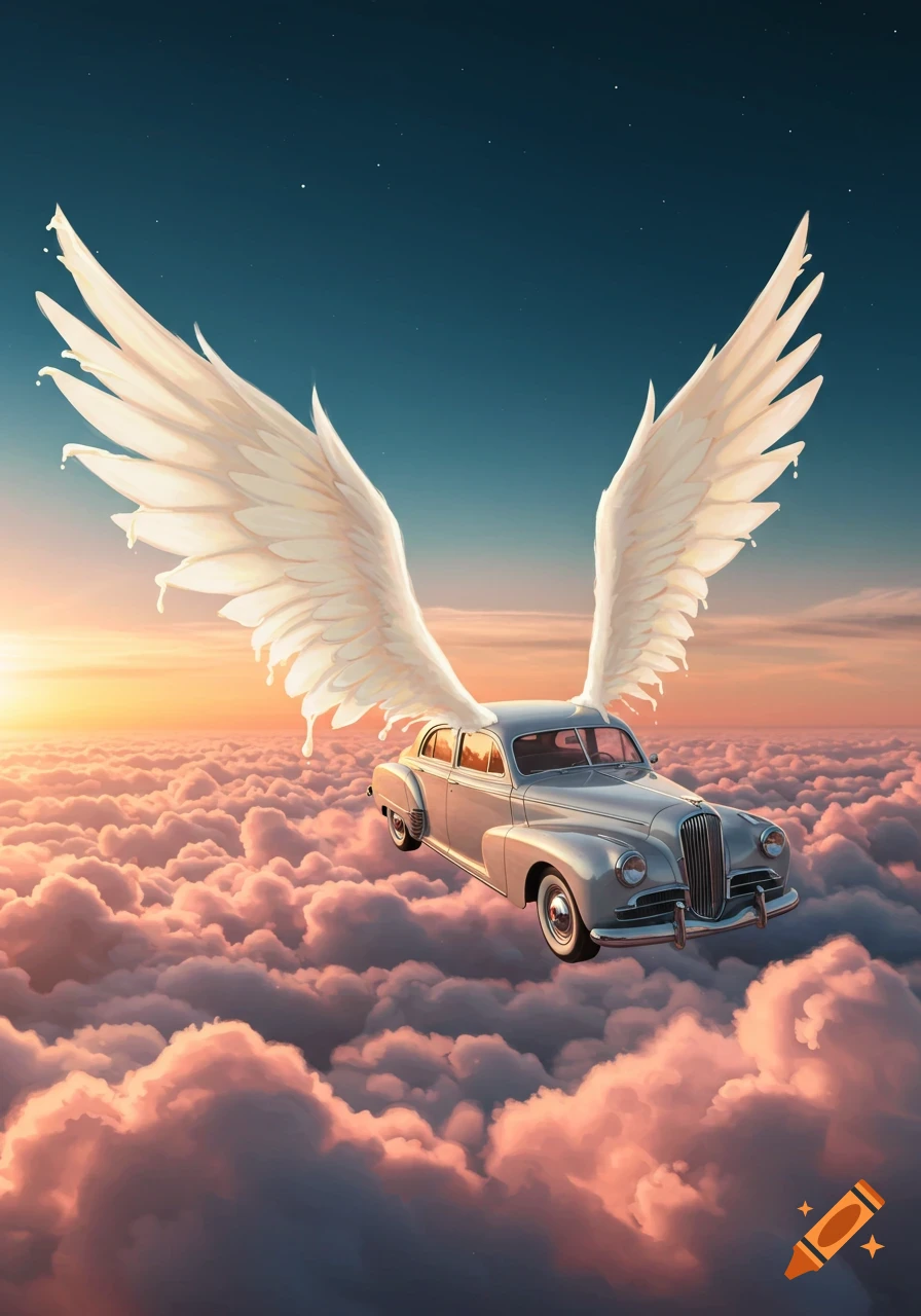 A light gray vintage car with large white melting wings flies above pink and orange clouds during sunset.