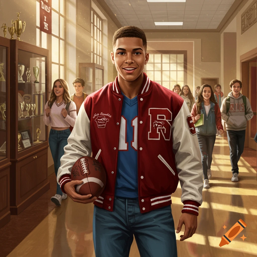 A smiling high school male student wearing a red and white varsity jacket and a blue jersey, holding a football, walks down a sunlit school hallway with other students in the background.