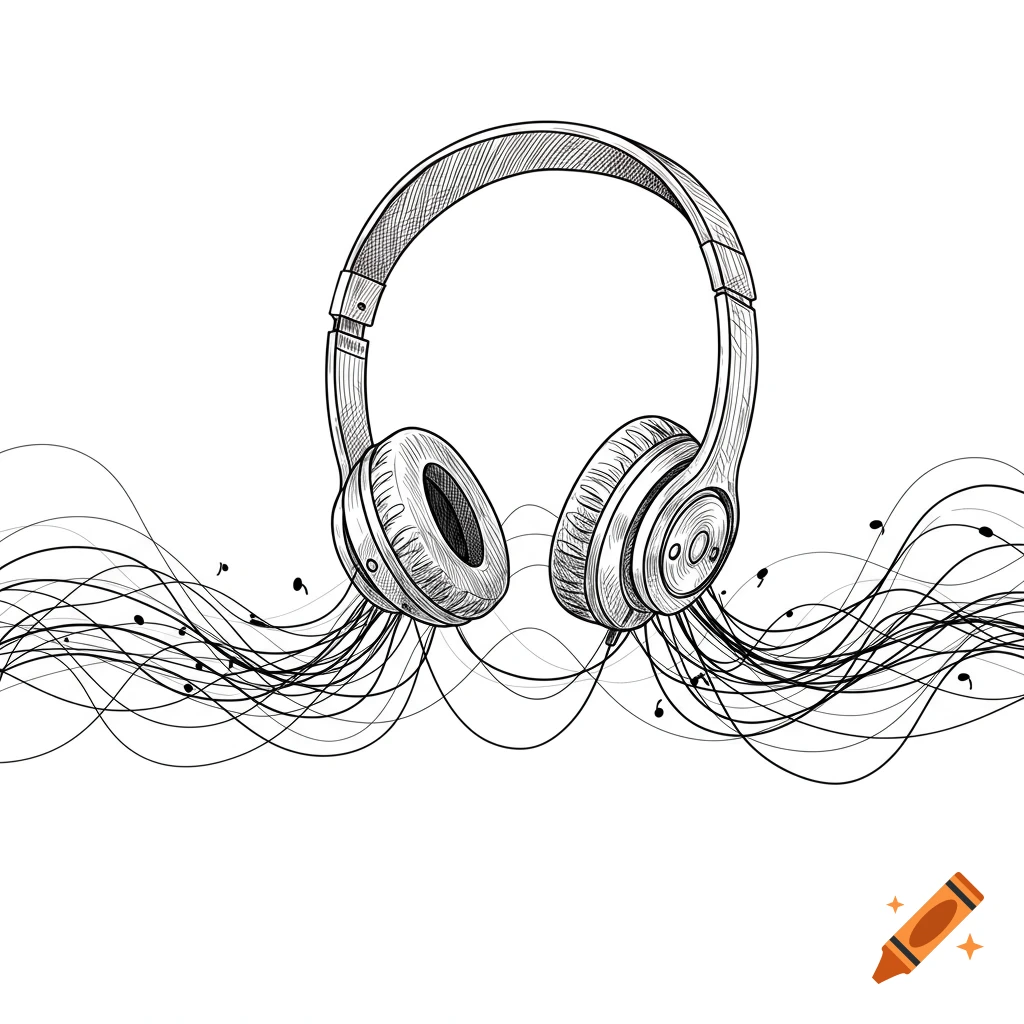 Line art illustration of headphones with swirling lines and musical notes emanating from them on a white background.
