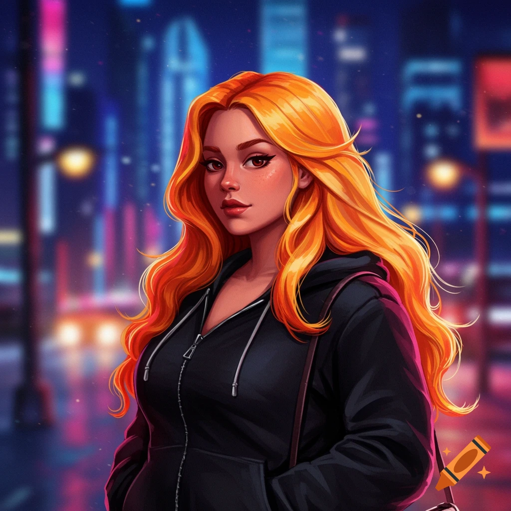 Stylized illustration of a woman with long orange hair and a black hoodie in a city at night.