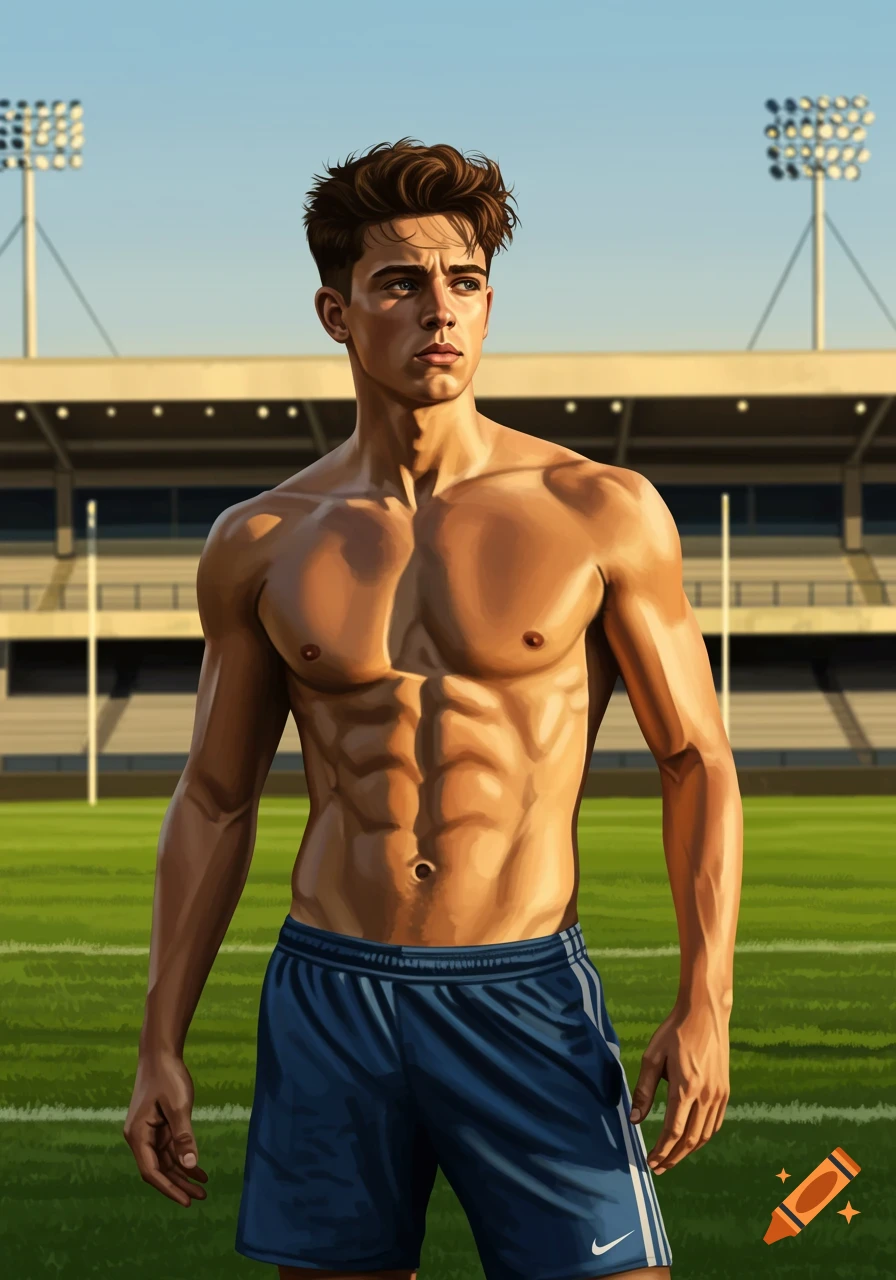 A muscular young man in blue shorts stands shirtless on a green sports field under a blue sky, with a stadium and lights in the background.