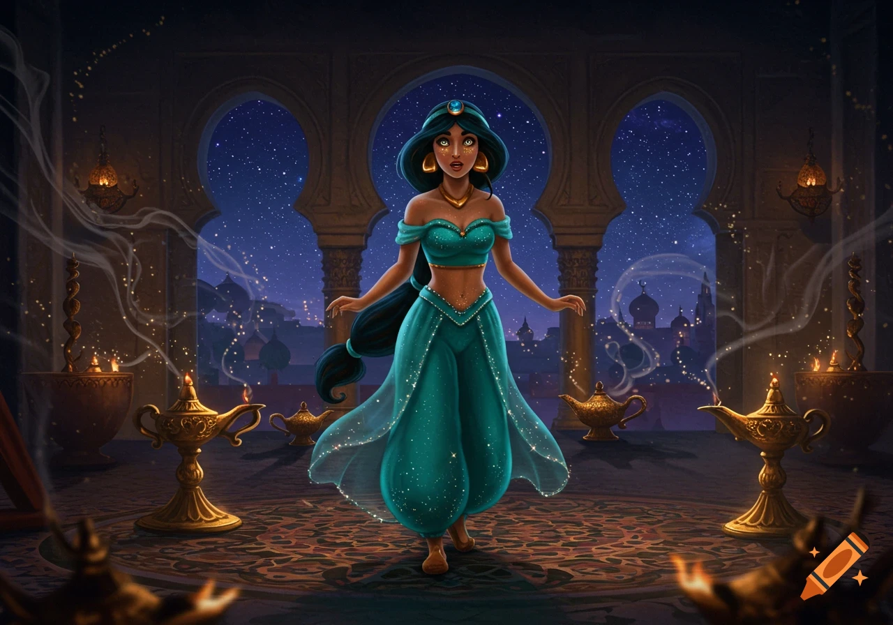 Princess Jasmine in her iconic teal outfit stands in an opulent, star-lit Arabian palace, surrounded by glowing magic lamps.