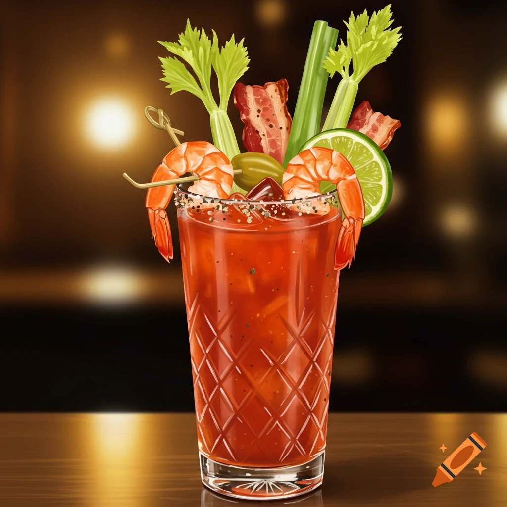 A fancy Bloody Mary cocktail garnished with two shrimp, two celery stalks, two olives on a skewer, two pieces of bacon, and a lime slice, against a blurred bar background.