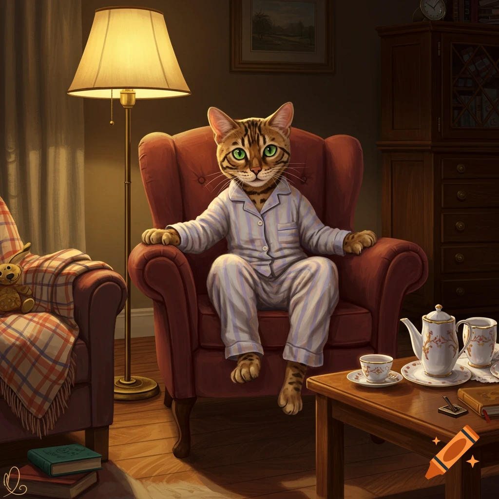 A Bengal cat in striped pajamas sits comfortably in a red armchair in a cozy, dimly lit room with a lamp and tea set.