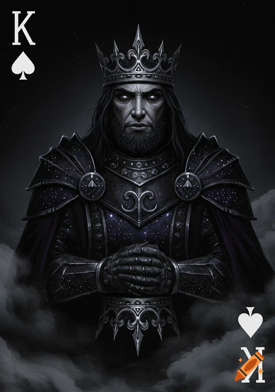 A dark, armored king with a crown and glowing eyes, depicted as the King of Spades playing card.