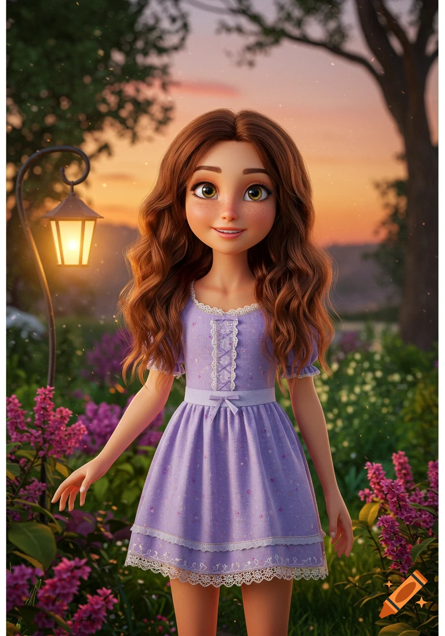 A cute animated girl with brown hair and freckles in a purple dress stands in a vibrant garden at sunset near a lantern.