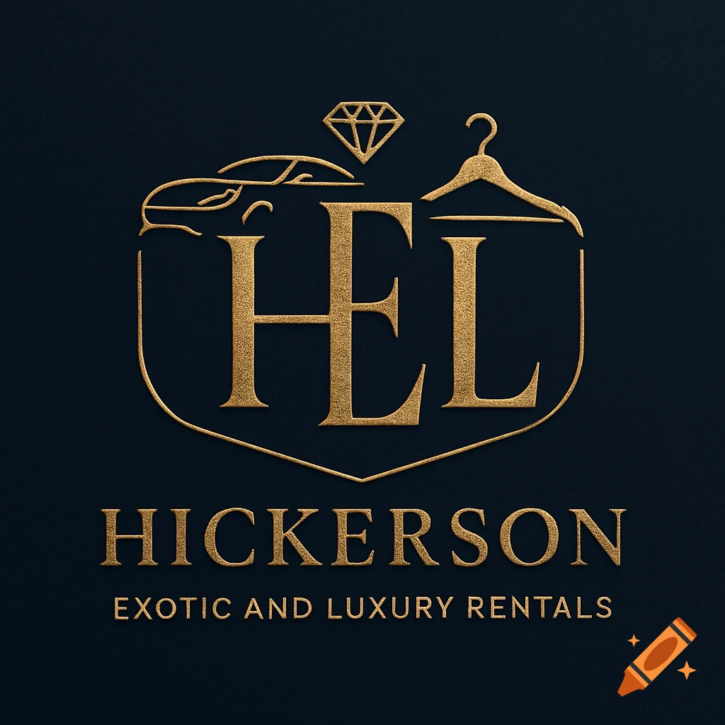 Gold logo for Hickerson Exotic and Luxury Rentals with HEL initials, a car, diamond, and hanger on a dark background.