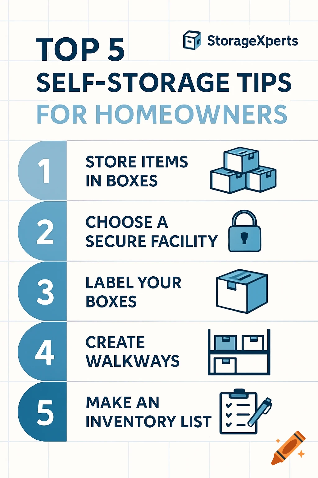 Illustrated infographic showing top 5 self-storage tips for homeowners with icons.