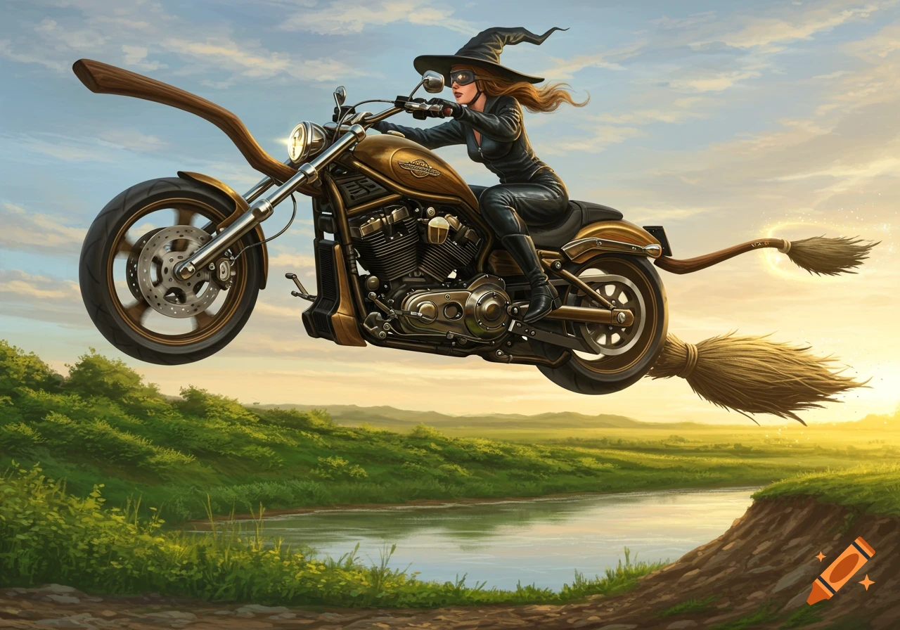 A witch in black leather rides a flying motorcycle-broom hybrid over a green landscape and a river at sunset.