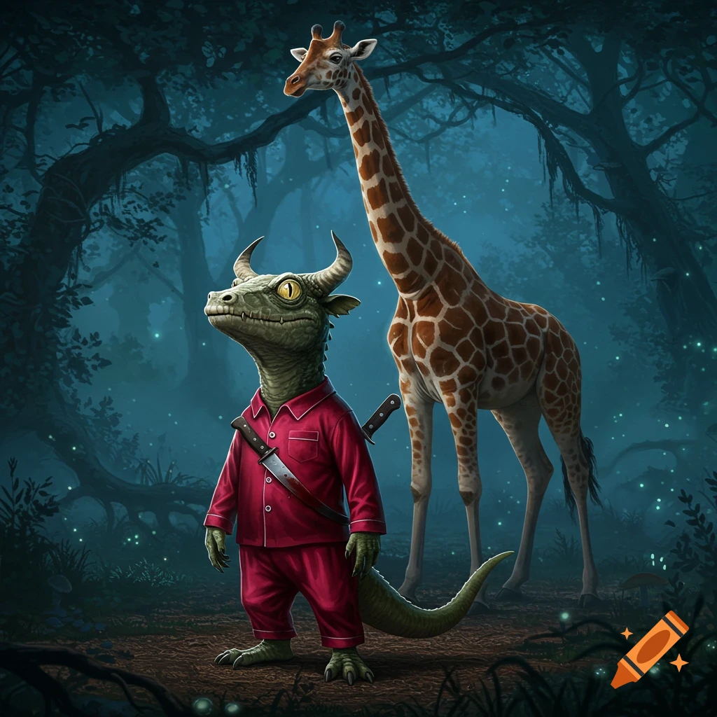 A lizard-like creature in red pajamas with a knife in its back stands in a dark, glowing forest next to a tall giraffe. Stylized illustration.