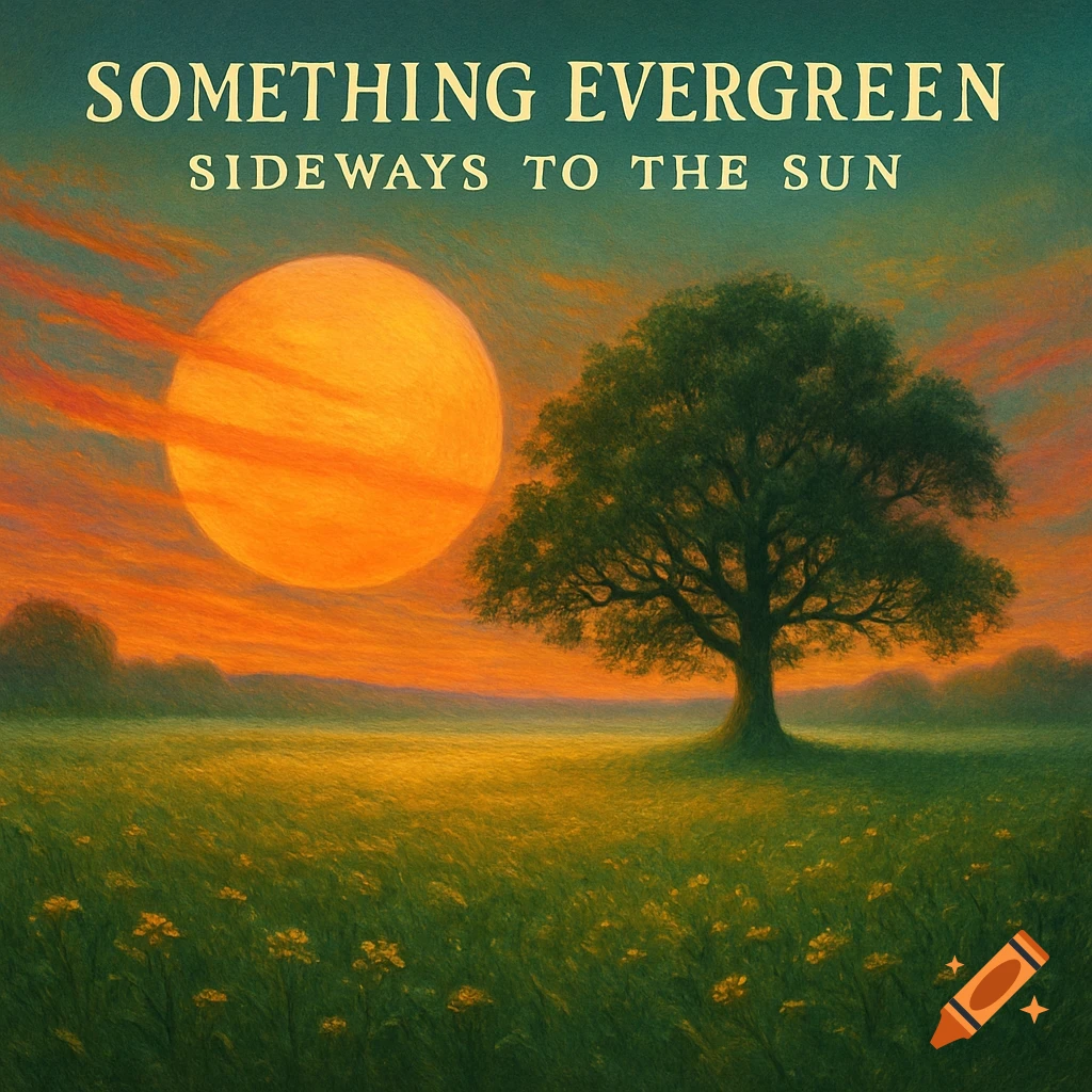 An album cover featuring a large orange sun setting over a green field with a tree, under a teal sky. Text reads 'SOMETHING EVERGREEN' and 'SIDEWAYS TO THE SUN'.