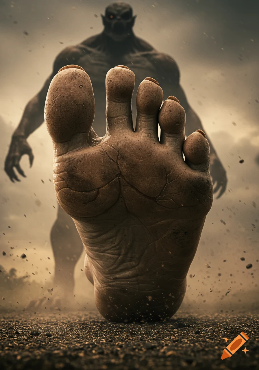A massive, hyper-realistic monster foot dominates the foreground, about to stomp. A shadowy humanoid monster looms in the dusty background.