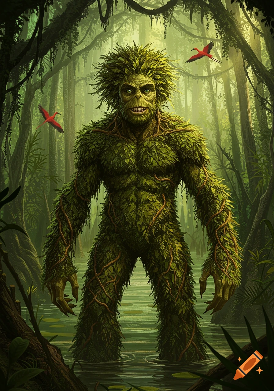 A large humanoid creature made of leaves and vines stands in a dark green swamp, with two bright red birds flying nearby.