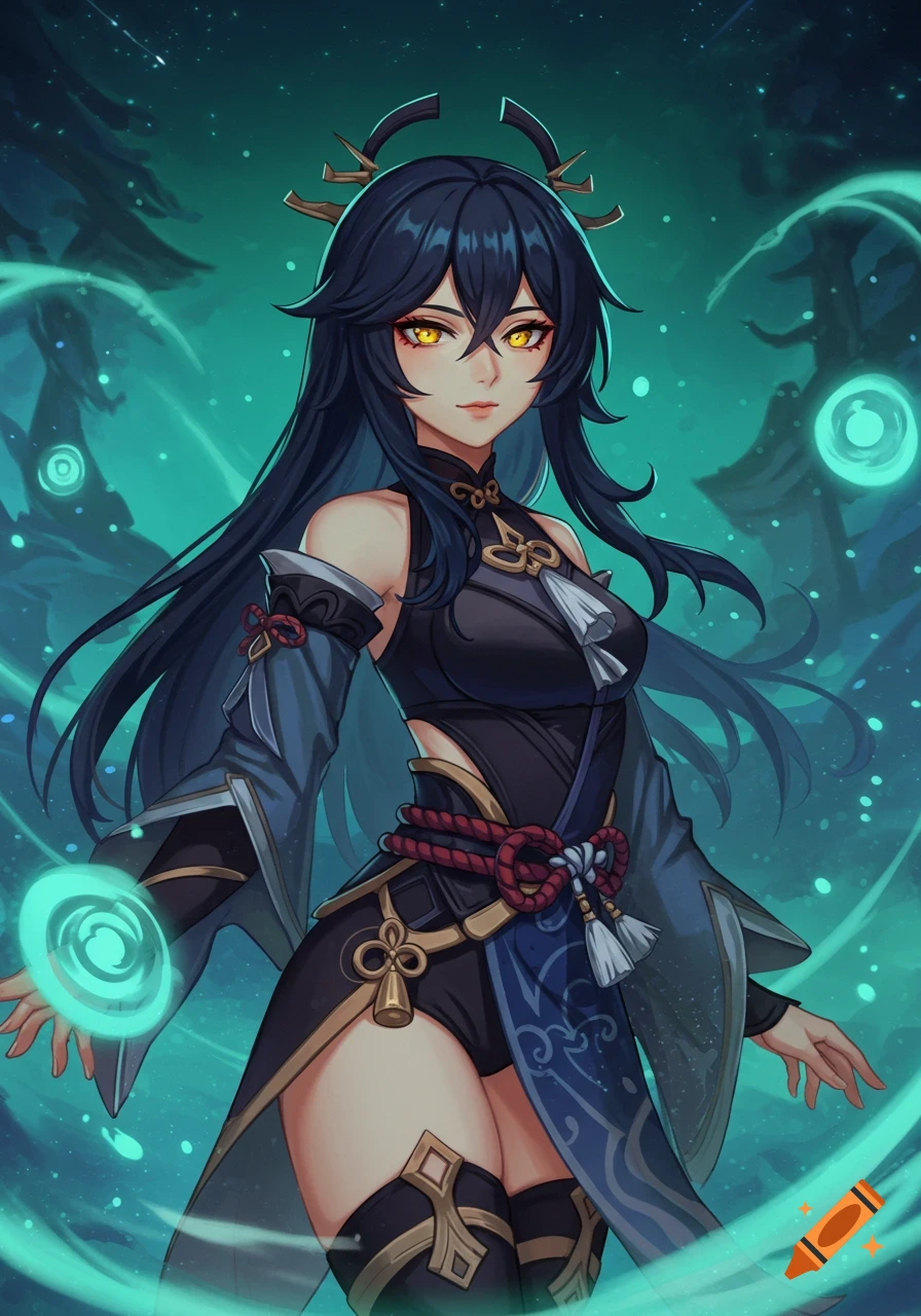 Anime character with long black hair, golden eyes, in a black and blue fantasy outfit, surrounded by glowing aqua orbs.