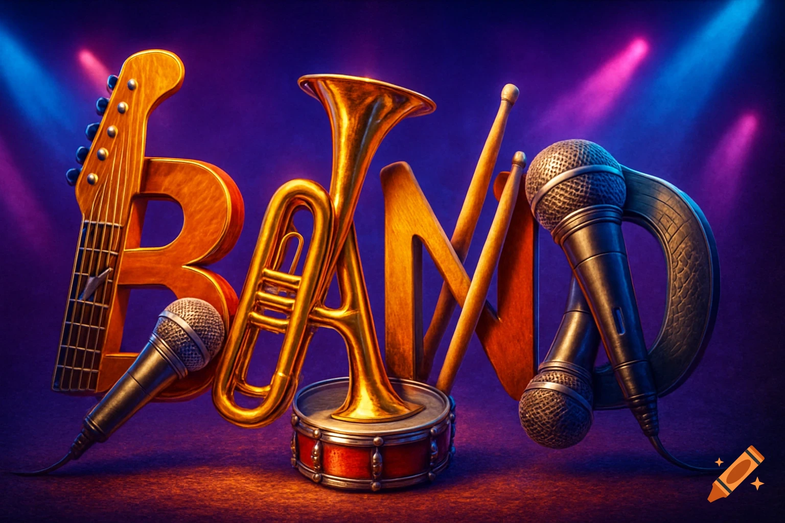 Stylized letters BAND integrated with musical instruments like a guitar, trumpet, drum, and microphones, illuminated by stage lights.