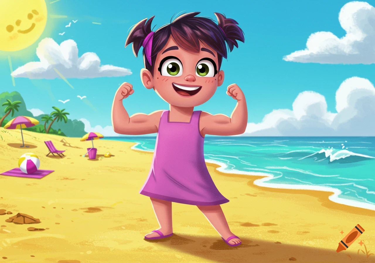 A cute cartoon girl in a pink dress smiles and flexes her muscles on a sunny beach with the ocean, palm trees, and umbrellas.