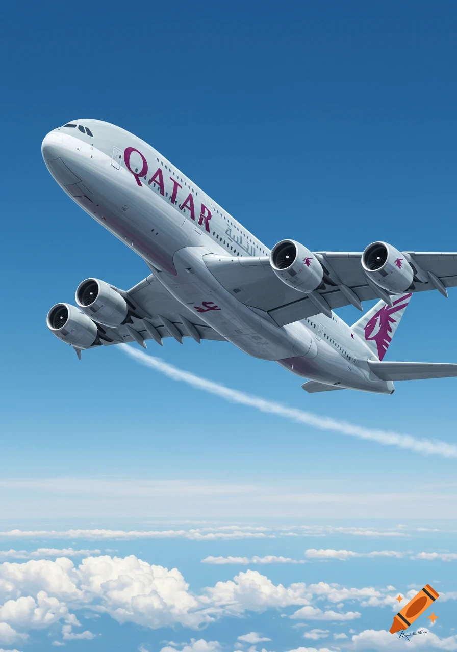 Photorealistic image of a large white Qatar Airways passenger jet soaring through a clear blue sky above a layer of white clouds.