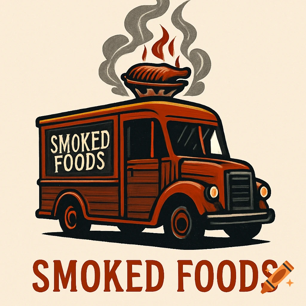 An orange food truck logo with 'SMOKED FOODS' written on its side and below, topped with a smoking piece of meat.