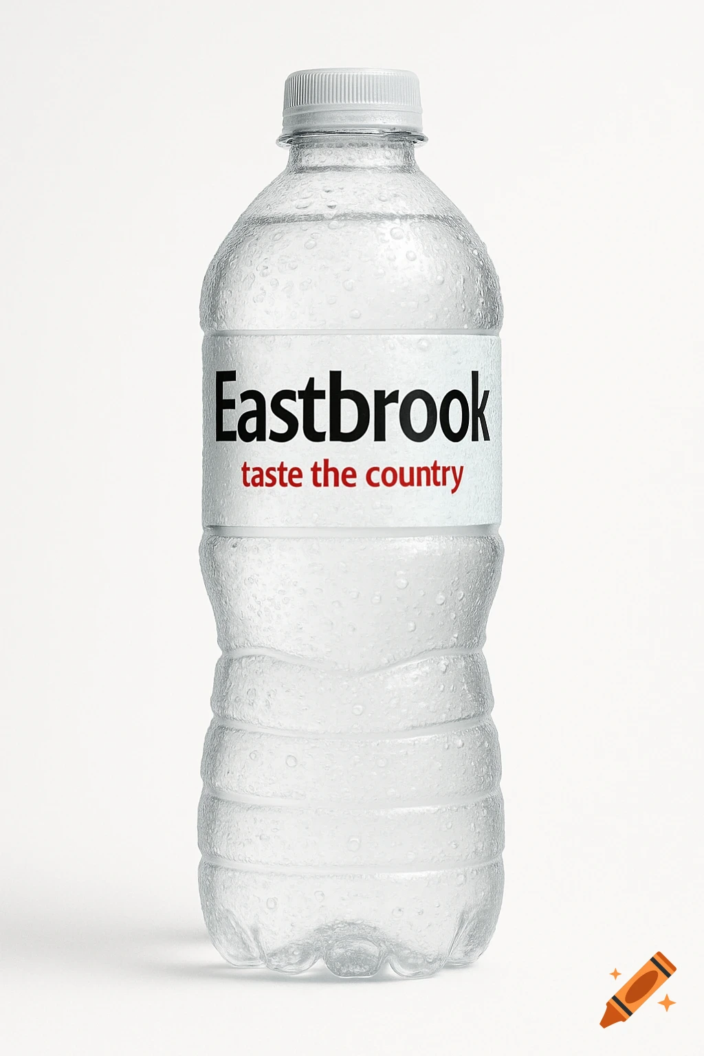 A photorealistic image of a clear plastic water bottle with condensation, featuring a white label with 'Eastbrook' in black text and 'taste the country' in red text.