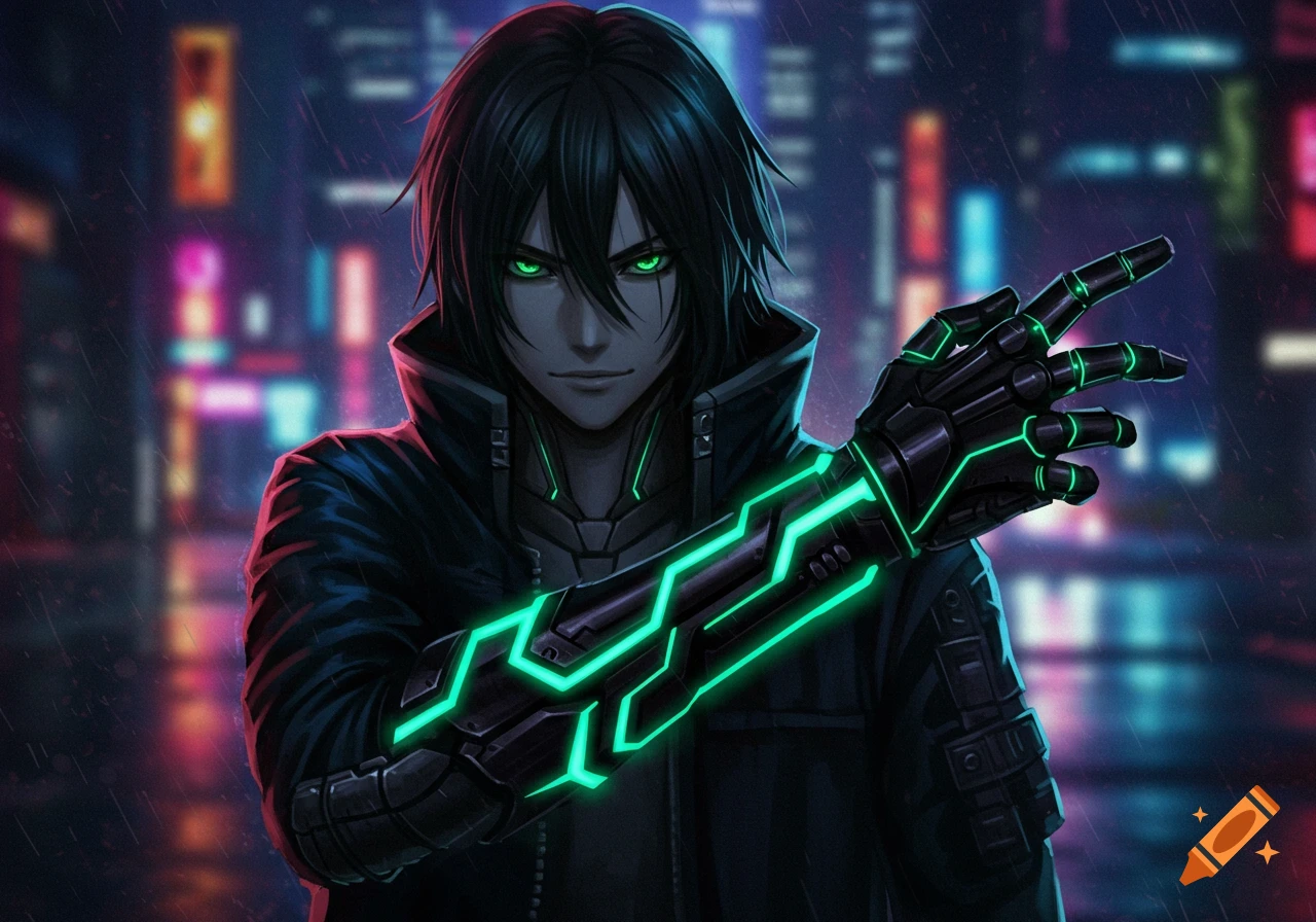 An anime person with black hair and glowing green eyes, wearing a coat and a black arm cannon with bright green lines, stands in a rainy cyberpunk city.