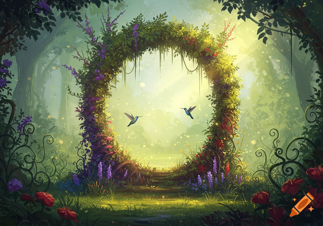 A lush, sun-dappled botanical archway leads to a glowing clearing in an enchanted forest, with two hummingbirds hovering.