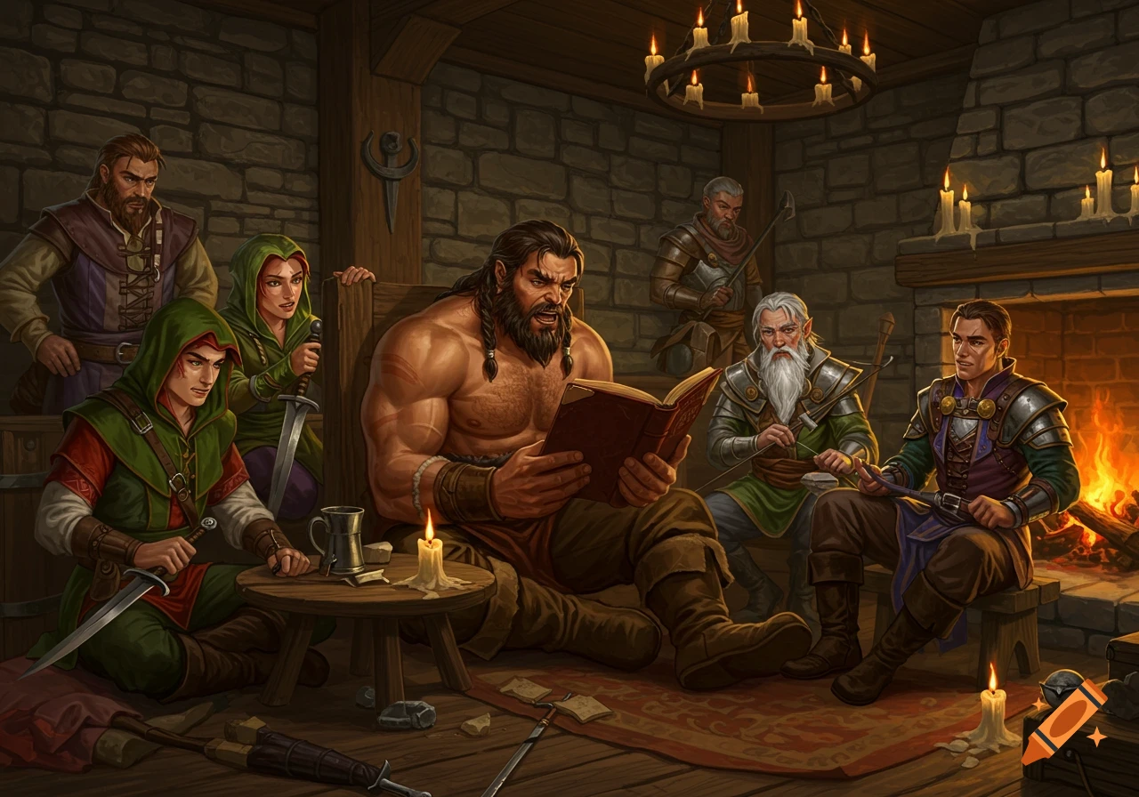 A muscular barbarian reads a book to a diverse group of adventurers in a candlelit stone room with a fireplace, fantasy art style.