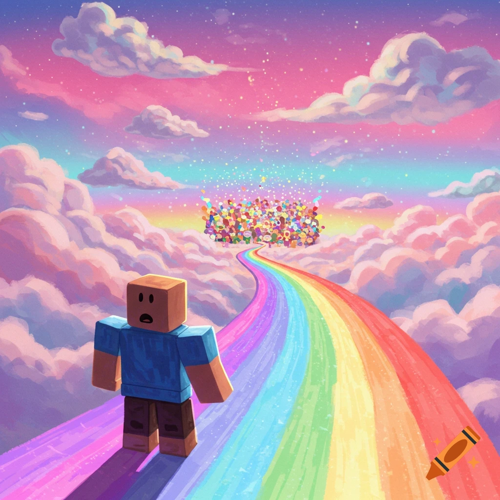 A blocky character on a vibrant rainbow road looks shocked at a distant group of colorful figures under a pink and purple starry sky.