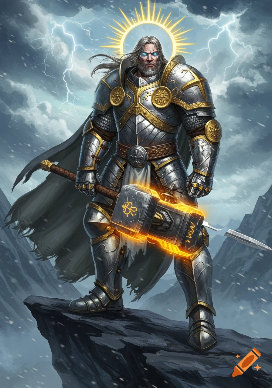 An armored paladin-like figure with a glowing hammer stands on a cliff under a stormy, lightning-filled sky.