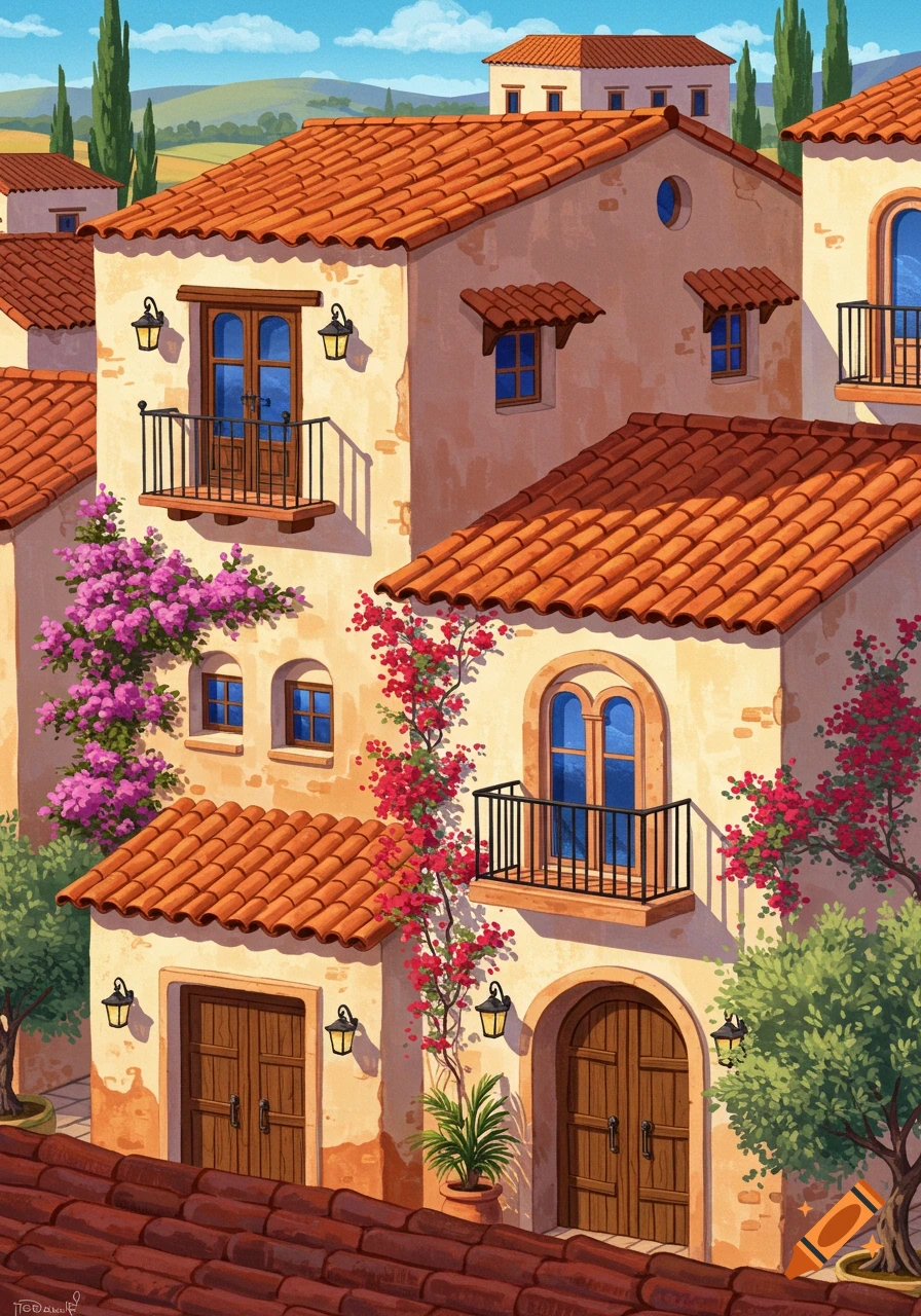 Illustration of sunlit buildings with terracotta roofs, balconies, and flowering vines in a Mediterranean village.