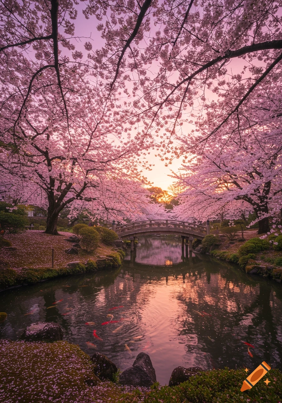 Photorealistic scene of a Japanese garden with pink cherry blossoms over a pond, a traditional bridge, and koi fish at sunset.