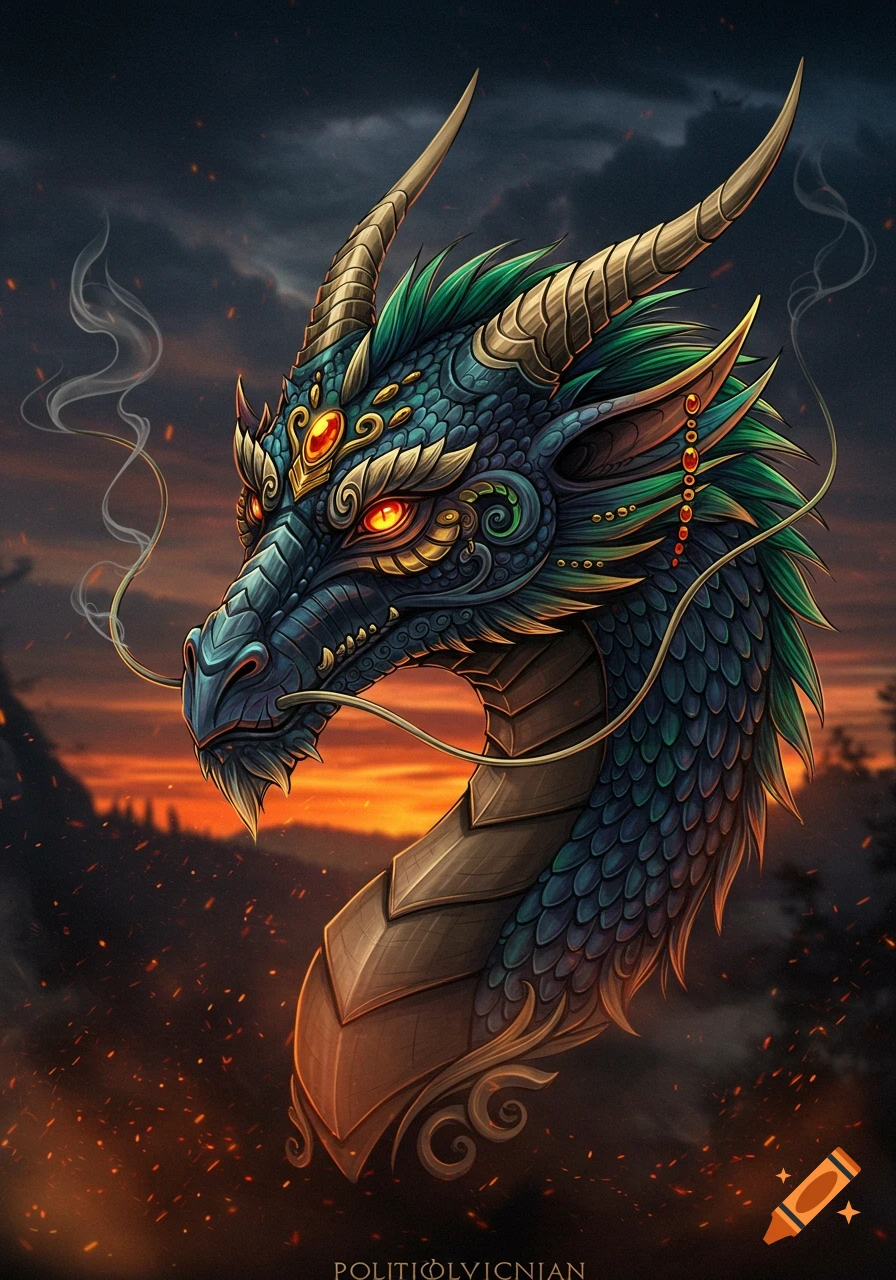 A majestic blue and green dragon head with golden horns and glowing orange eyes, breathing smoke against a fiery sunset sky.
