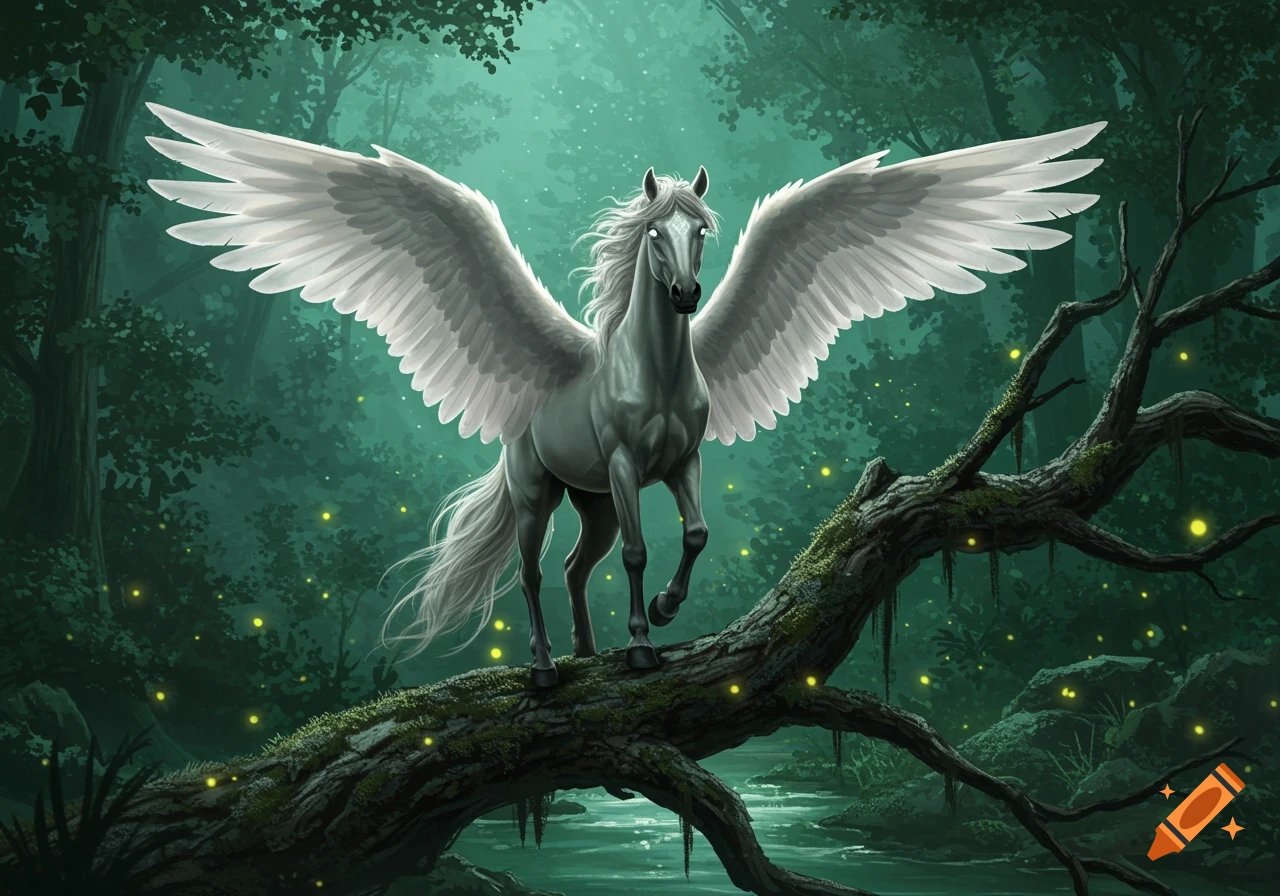 A majestic gray Pegasus with wide white wings stands on a mossy branch in an enchanted dark green forest with glowing fireflies.