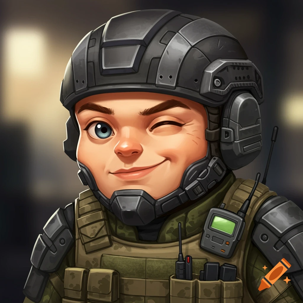 A cartoon character with a large head wearing a tactical helmet and vest winks with one blue eye and smiles.