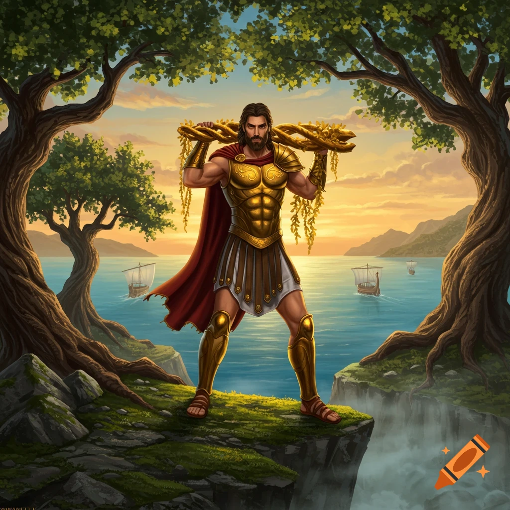A muscular man in golden armor holds a golden, vine-like object over his shoulders, standing on a cliff overlooking a sea with ancient ships, under a vibrant sunset sky. Stylized illustration.