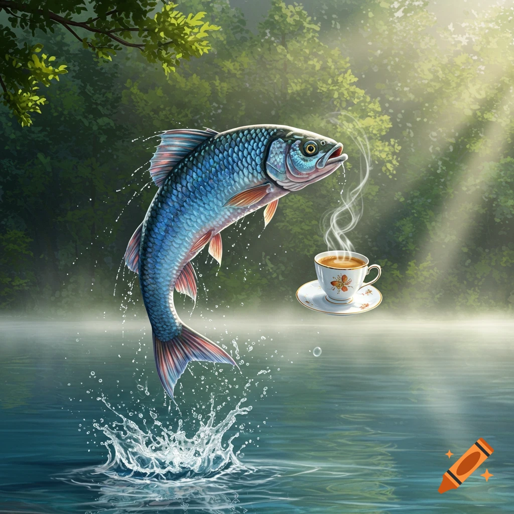 A vibrant fish jumps from calm water, a steaming cup of coffee floating beside it, set against a misty forest background with sun rays.