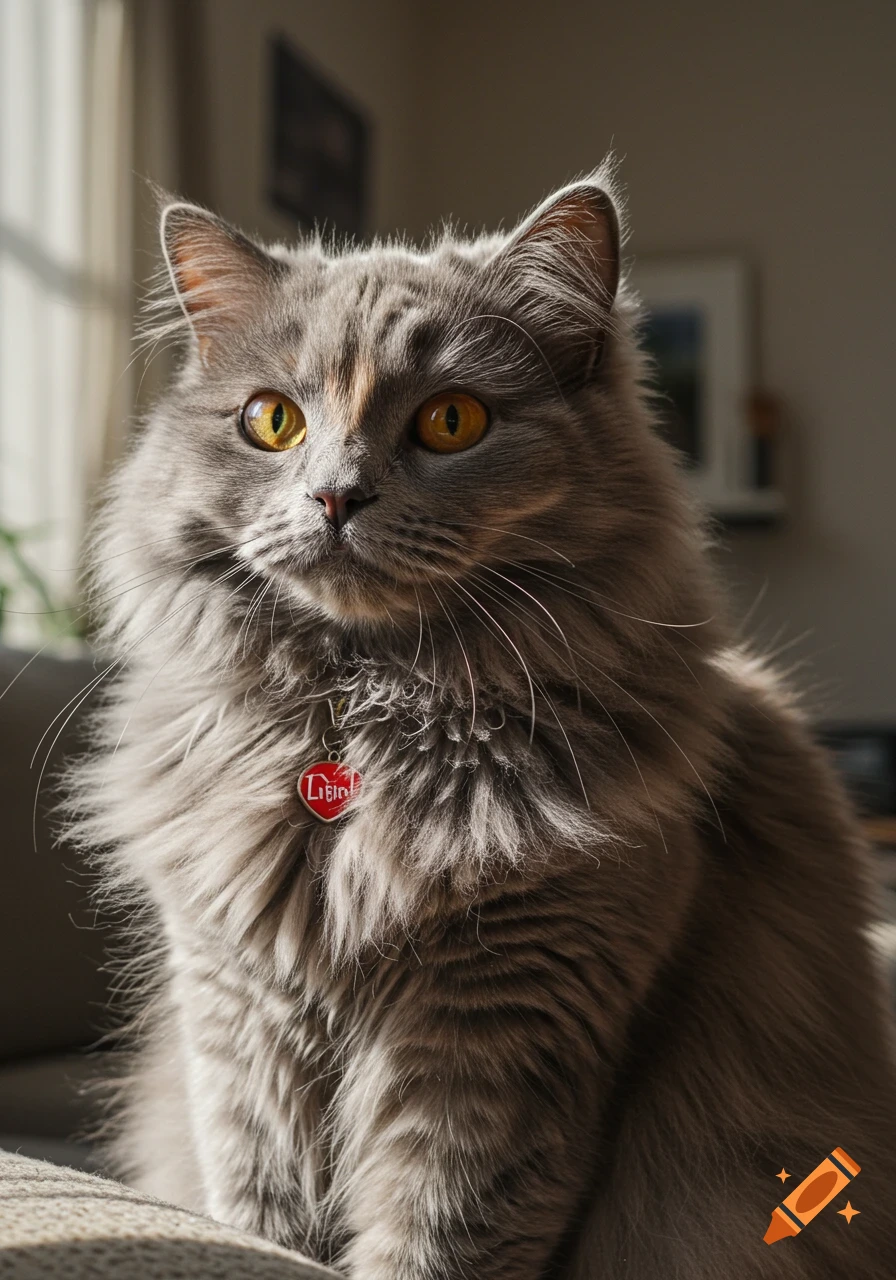 A fluffy grey cat with amber eyes sits and looks to the side, wearing a red heart-shaped tag, in a photorealistic style.