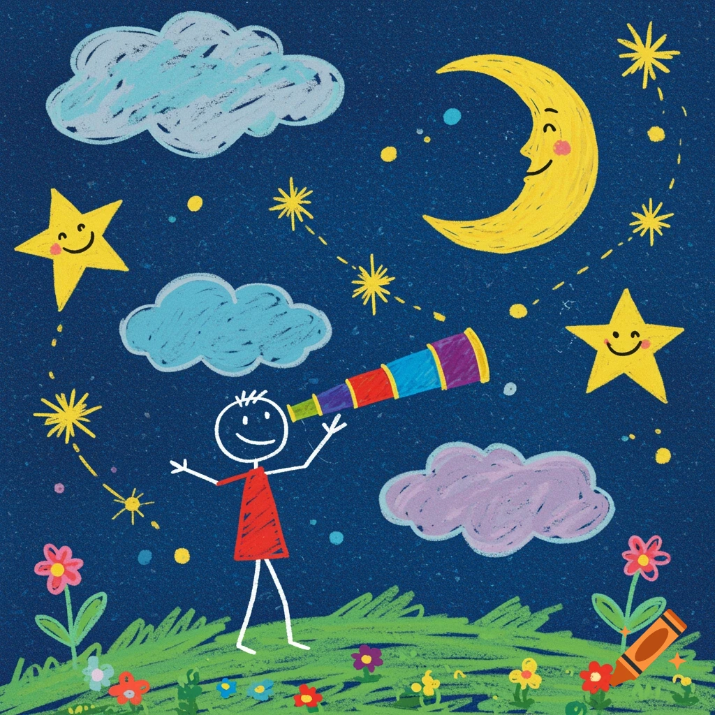 A childlike crayon drawing of a stick figure looking through a colorful telescope at a smiling moon and stars in the night sky with clouds and flowers.