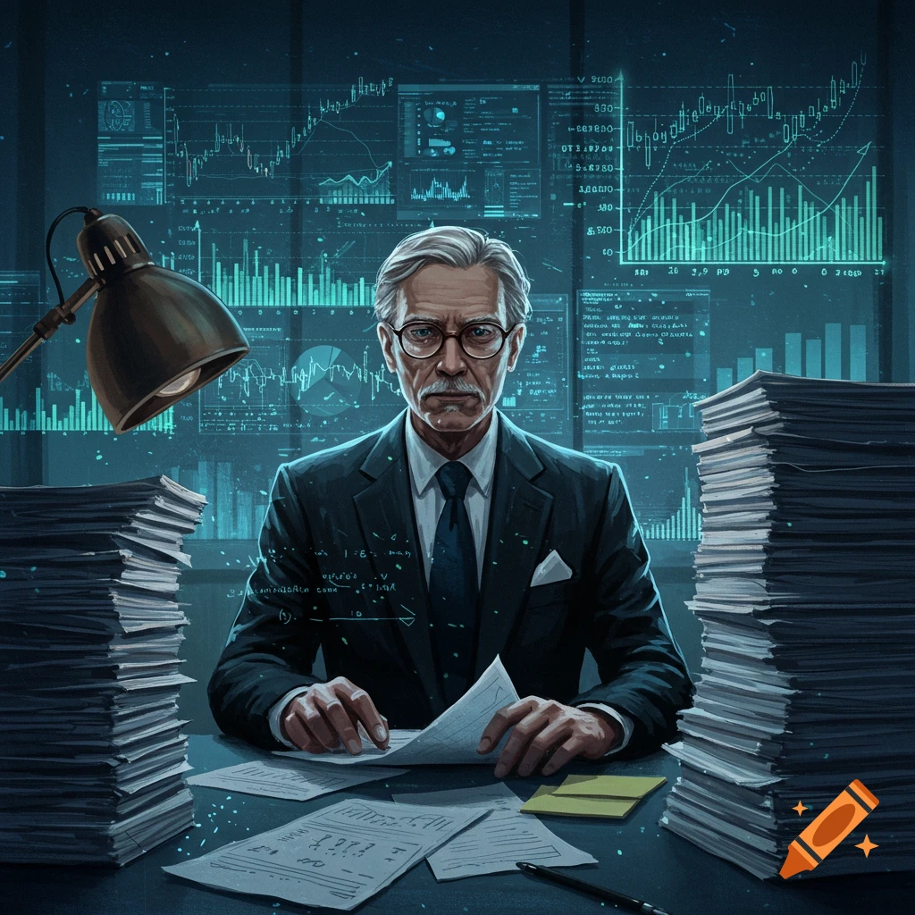 A serious, grey-haired actuary in a suit sits at a desk piled with documents, surrounded by digital financial charts on screens.